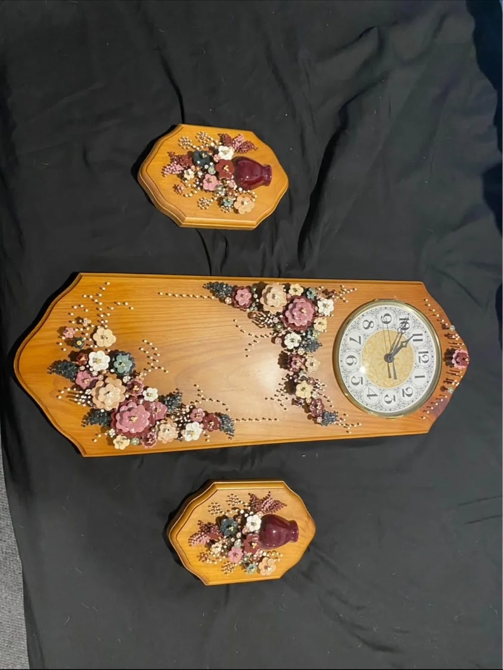Craft Wooden Floral Wall Clock Set in Brown with Pink and Cream Accents